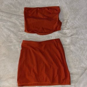 orange white fox set, size small mini skirt and tube top